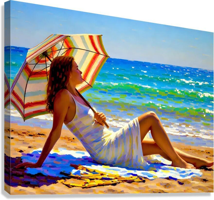 Reclining beach woman art print with striped umbrella and colorful dress