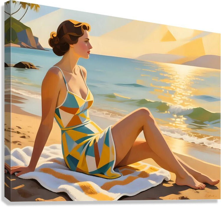 Seated woman in colorful geometric one-piece swimsuit on a beach blanket, side profile