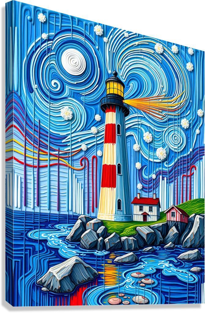Blue lighthouse wall art with red-and-white tower, swirling waves and rocks
