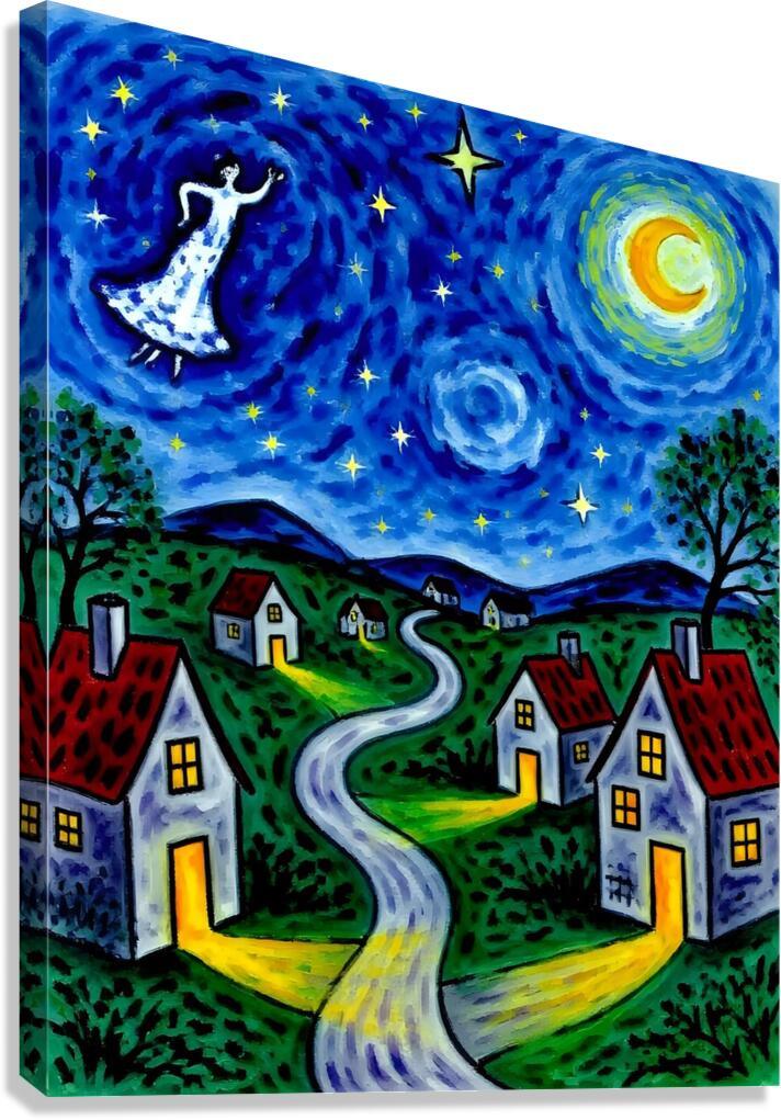 Canvas wall art featuring a night sky village with stars, cat figure, and winding road