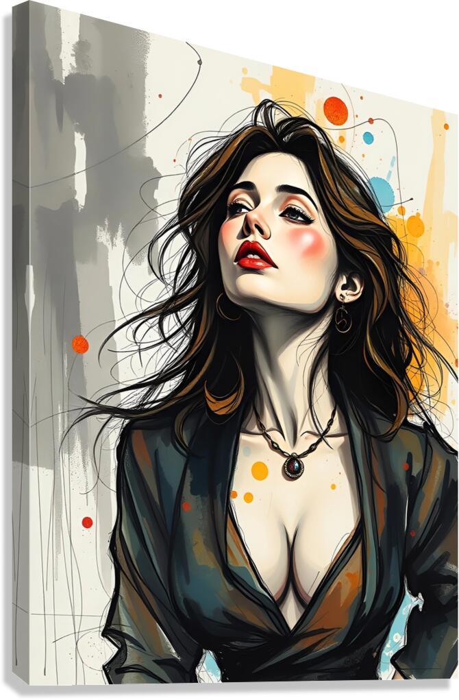 Portrait artwork of a woman with long dark hair, red lips, and a black blazer.