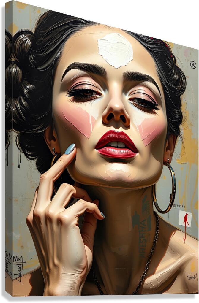 Portrait artwork of a woman with bold makeup, red lips, hoop earrings, and dramatic eye makeup.