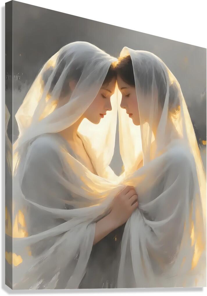 Two women with white veils face to face, hands gently clasped at the center