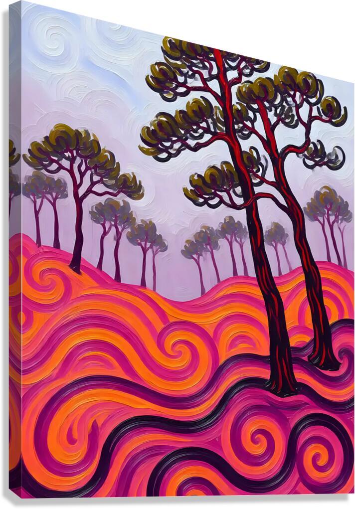 Colorful forest wall art with tall tree silhouettes and swirling rainbow wave foreground