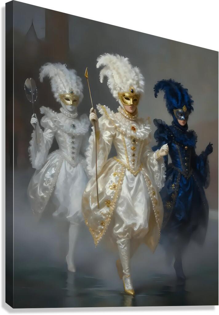 Masquerade trio artwork with three masked dancers in white, gold, and blue costumes