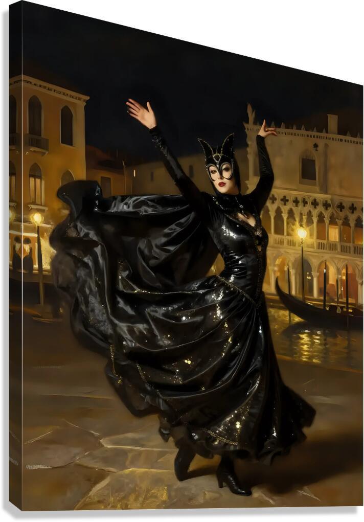 Black masquerade dancer in flowing gown and mask, arms raised