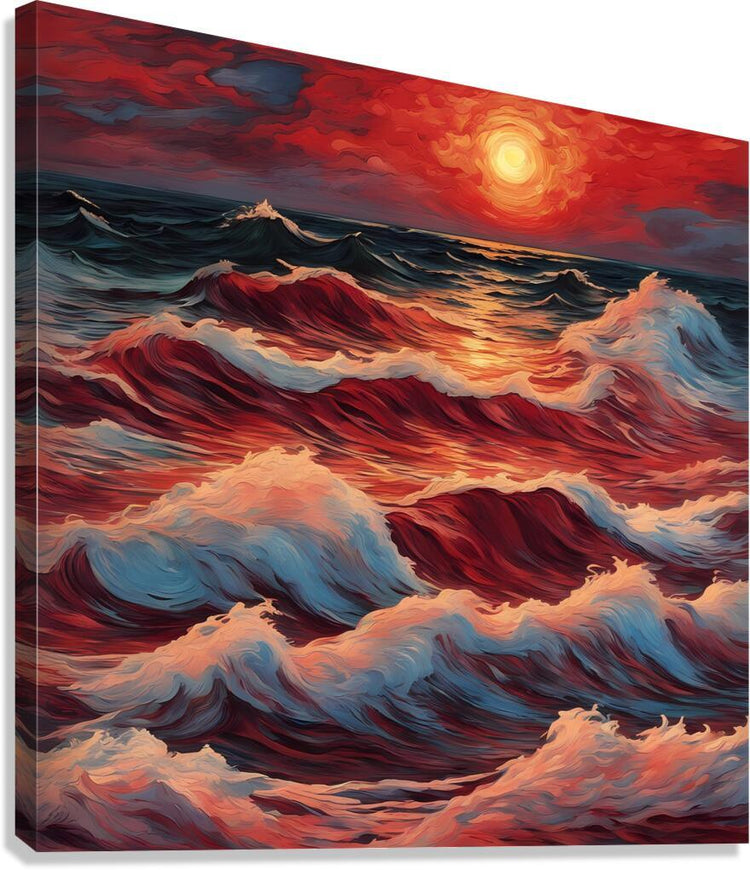 Sunset ocean wave canvas print with red, orange, and blue swirled clouds