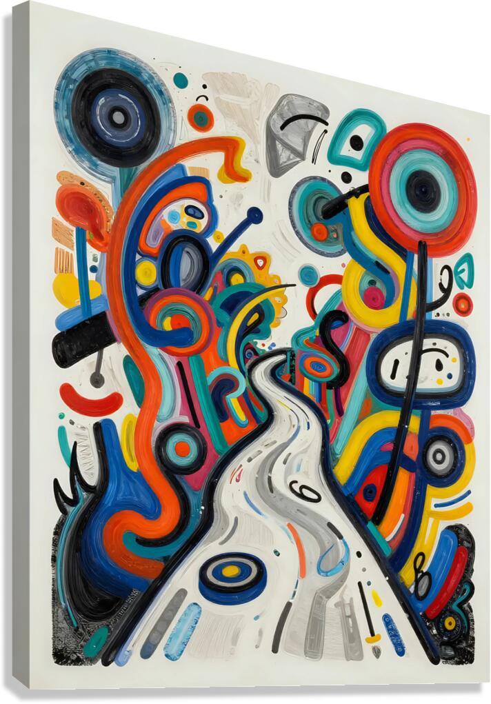 Abstract swirls wall art with colorful circles and white pathway on canvas