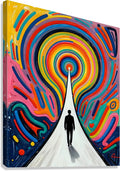 Rainbow vortex artwork with concentric swirl tunnel and a central silhouette figure