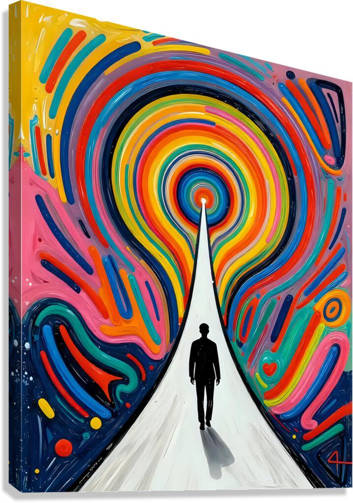 Rainbow vortex artwork with concentric swirl tunnel and a central silhouette figure
