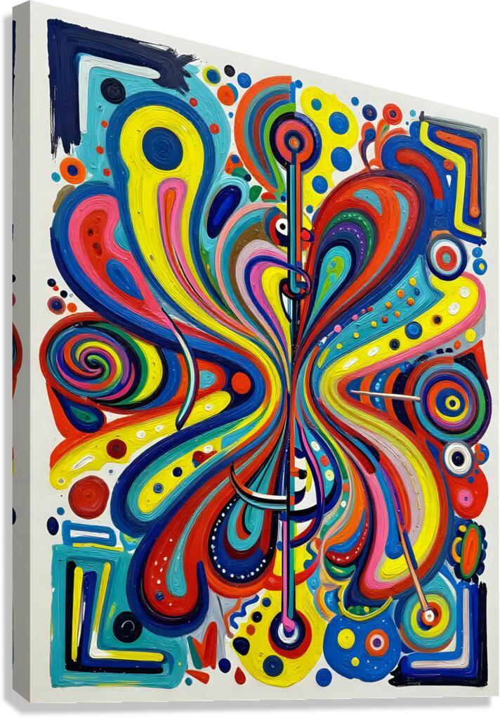 Colorful abstract art stretched canvas print with swirling lines and circles from center