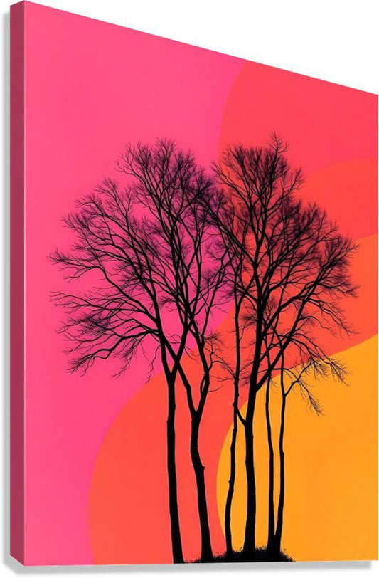 Stretched canvas wall art with black tree silhouettes against pink and orange sunset sky
