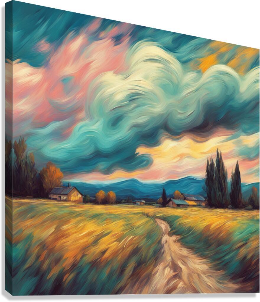 Landscape canvas print with winding country road, houses, and swirling blue and pink clouds