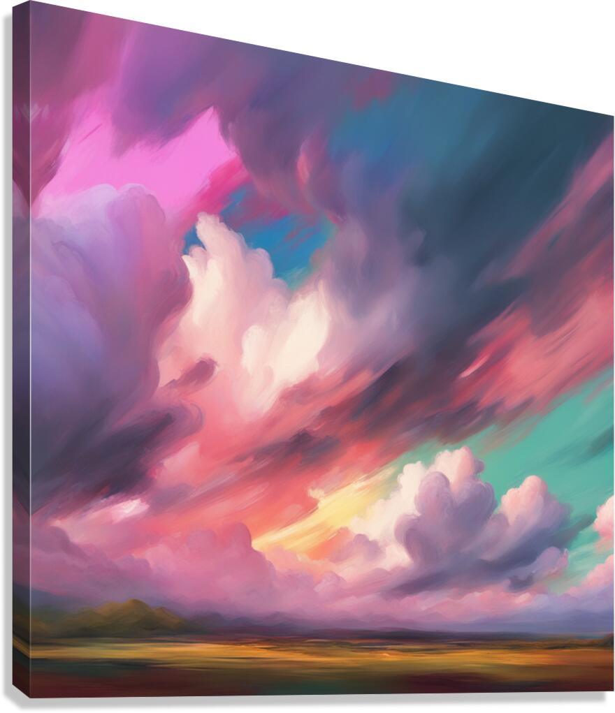 Dramatic clouds stretched canvas print with colorful billowing clouds and sunset horizon