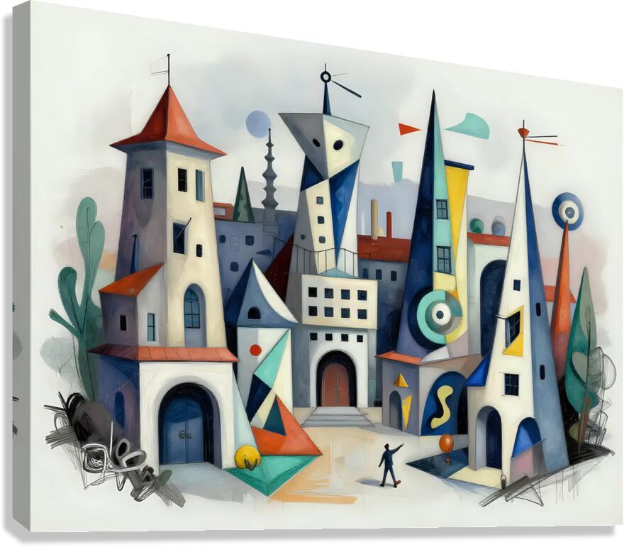 Cubist geometric cityscape wall art with colorful towers, arches, and abstract figures