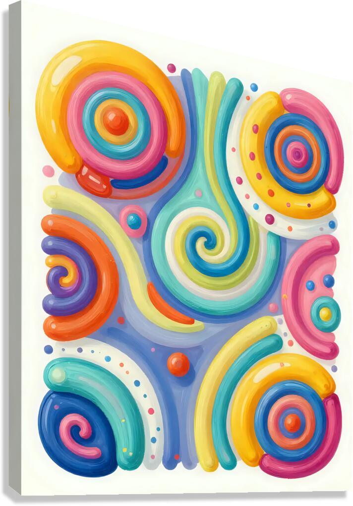 Abstract swirl wall art print with colorful circular swirls and dots