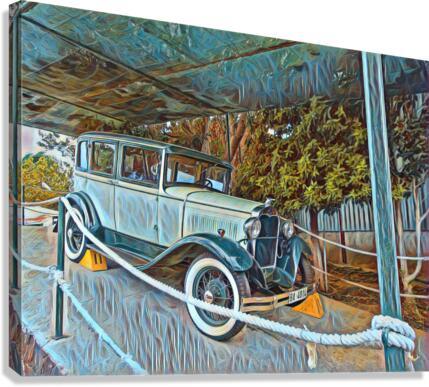Framed vintage car canvas print in blue, parked under a canopy with rope