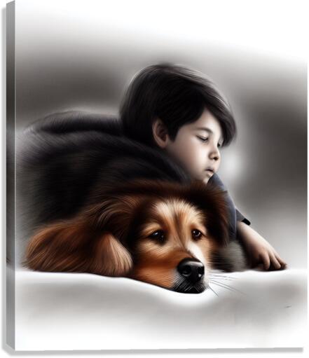 Framed wall art: child hugging a brown-and-black dog, soft gray tones
