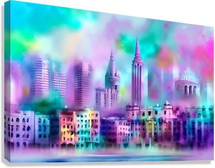 Pastel city skyline artwork on a stretched canvas with colorful towers and clouds