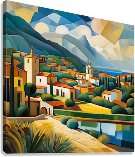 Geometric cubist Mediterranean landscape art on stretched canvas, town, hills, and lake