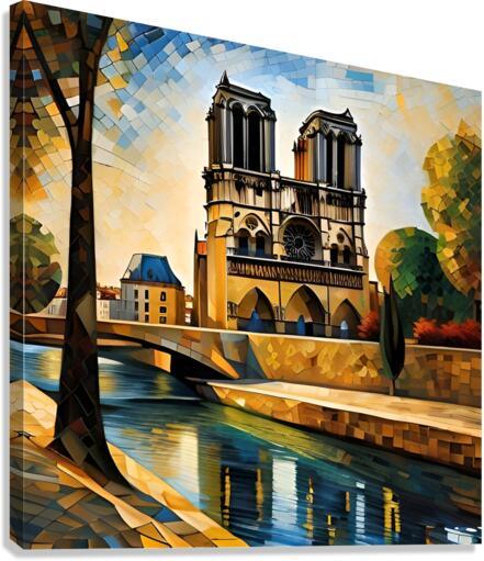 Gothic cathedral mosaic wall art print with river reflections in blue and gold