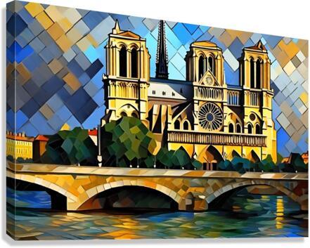 Geometric-gothic architectural canvas print with cathedral and bridge in blue, gold, green