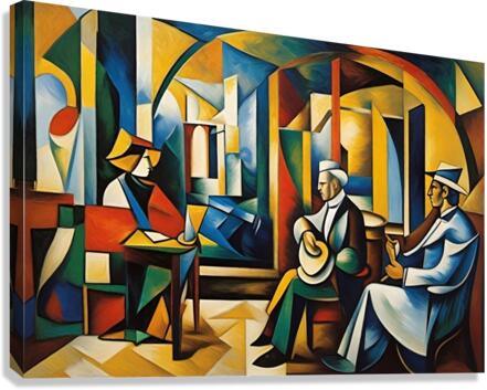 Cubist-style wall art print on stretched canvas, colorful geometric figures and candles