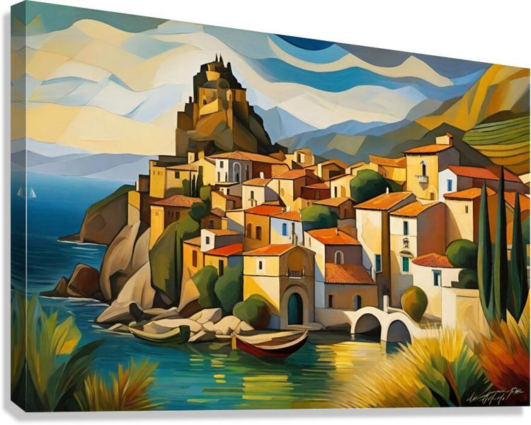 Coastal village landscape wall art with sea, sailboat, arched bridge, and cypress trees.