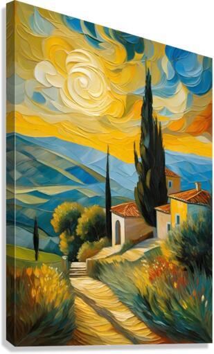 Framed landscape wall art with winding path, cypress trees, and yellow-blue sky