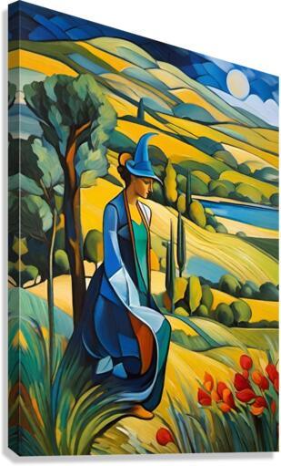 Vibrant figurative pastoral art print of a blue-clad figure with hat in a yellow landscape