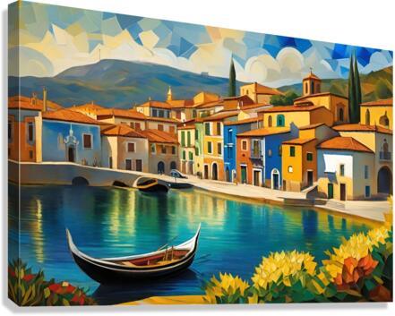 Geometric coastal wall art print with gondola boat and colorful waterfront buildings