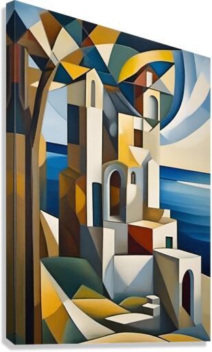 Cubist architectural wall art print with stylized white towers, arches, and blue sea waves