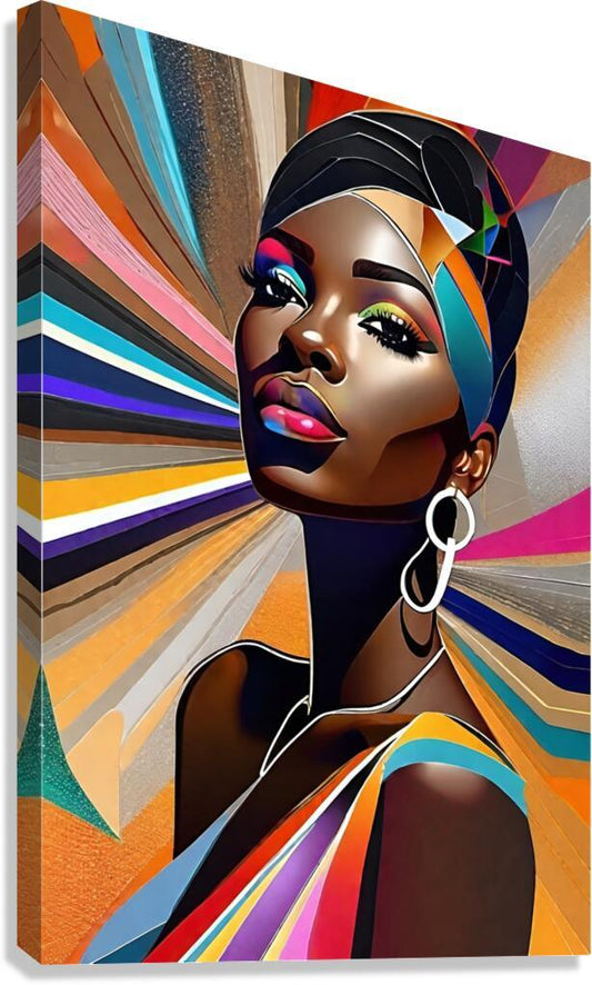 Geometric portrait wall art of a stylized woman with colorful fan-shaped rays background