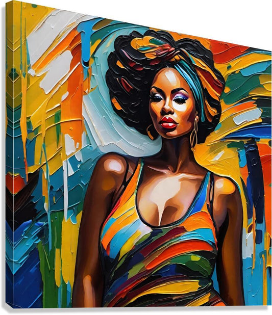 Abstract portrait artwork of a colorful woman with black hair and painted brushstrokes.