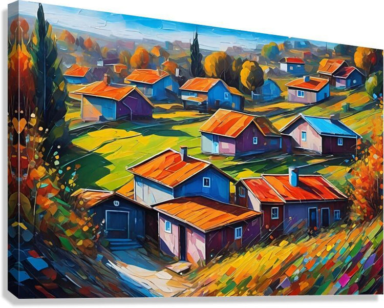 Colorful village landscape print with blue and purple houses, orange roofs, and autumn trees