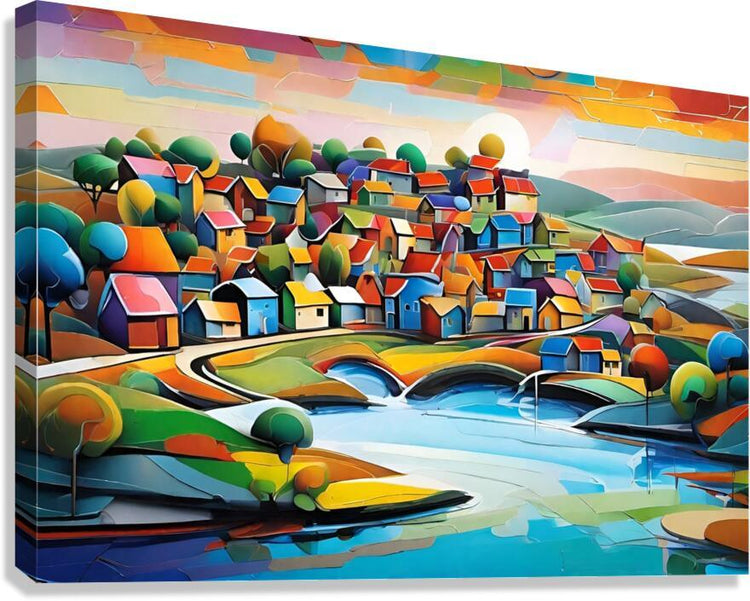 Colorful geometric village landscape print with houses, trees, and a blue river in frame