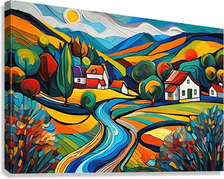 Abstract landscape canvas print with a winding blue road, colorful trees, and houses