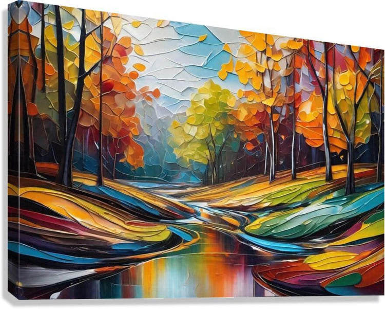 Stretched canvas wall art with abstract autumn forest, colorful trees, and reflective river.