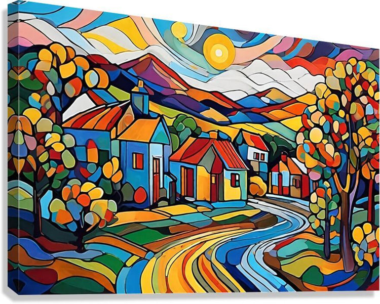Colorful landscape canvas print with village houses, winding road, and autumn trees