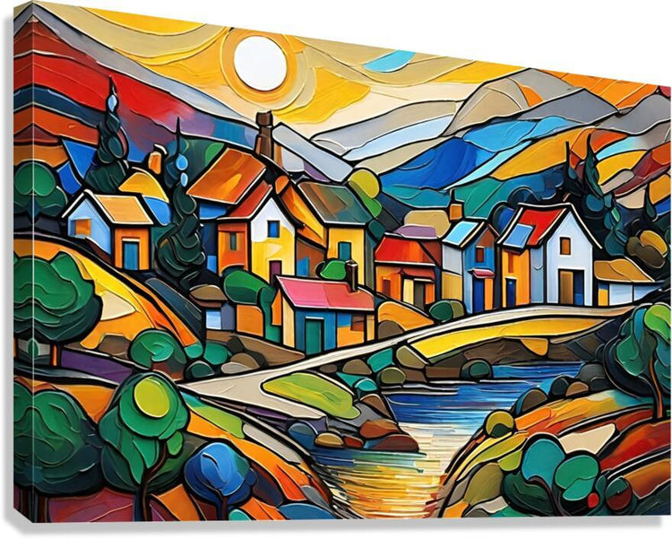 Landscape wall art canvas print with colorful village houses and flowing river