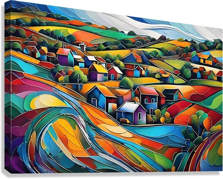 Abstract landscape wall art canvas with colorful houses, hills, and flowing swirl ribbons