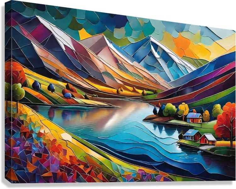 Colorful geometric abstract landscape canvas with blue lake and multicolor mountains