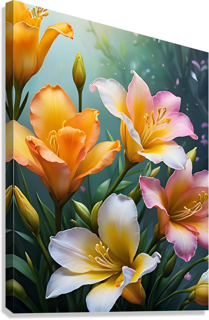 Stretched canvas print of orange, pink, and white tulips and lilies in a floral cluster