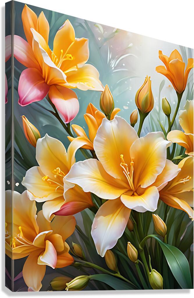 Stretched canvas floral print with orange, yellow, and white lilies on green foliage
