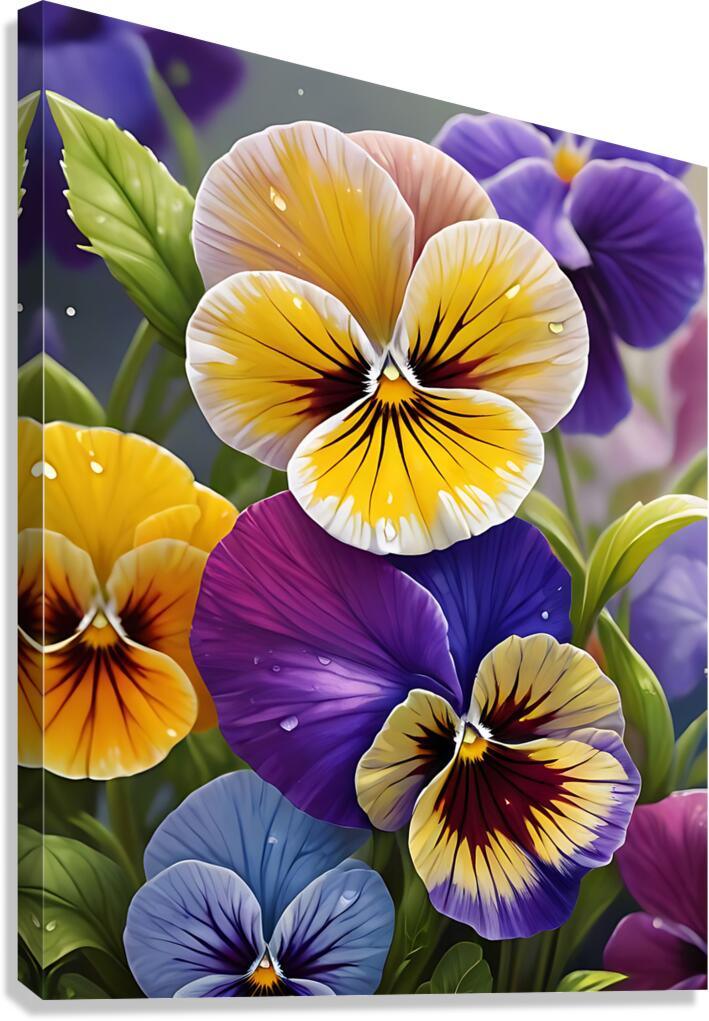 Pansy flower stretched canvas print with white, yellow, purple blooms and green leaves.