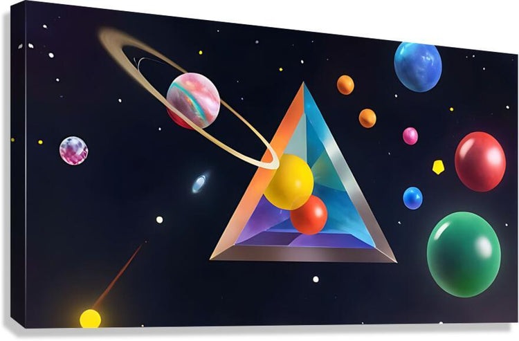 Abstract cosmic geometric wall art with colorful triangle prism and floating planets