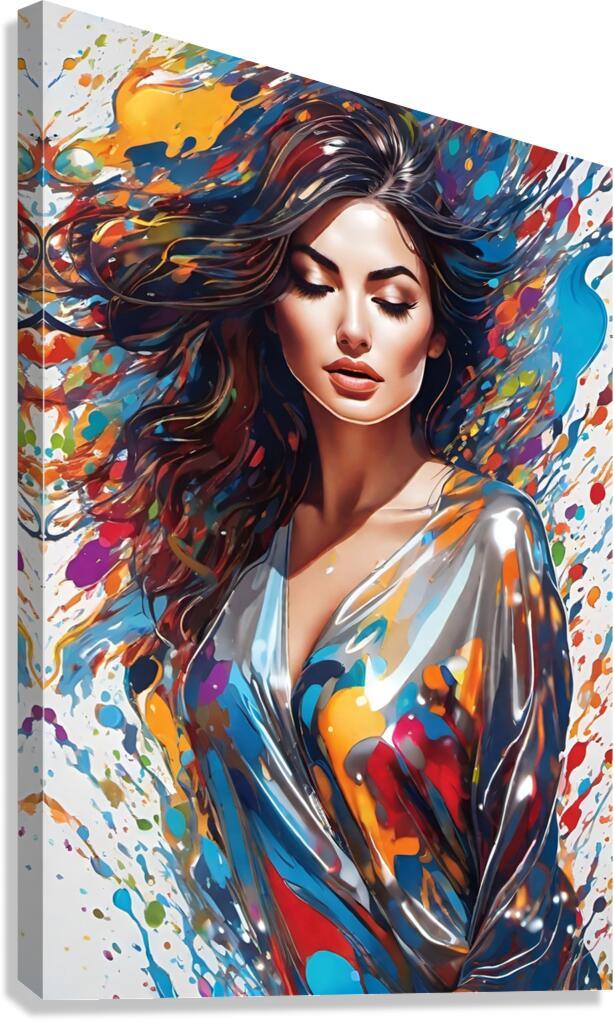 Contemporary wall art canvas print of a woman with dark flowing hair and colorful splashes