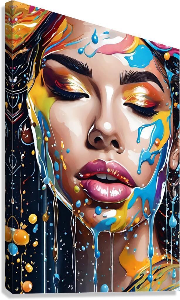 Abstract face portrait wall art with colorful paint drips and bold makeup