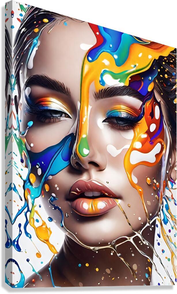 Colorful abstract portrait artwork on canvas, close-up of a woman's face with paint drips
