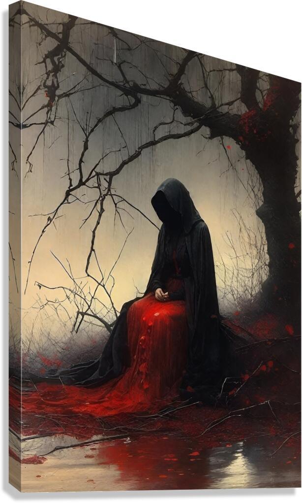 Stretched canvas print of hooded figure holding a red cloak in a dark forest